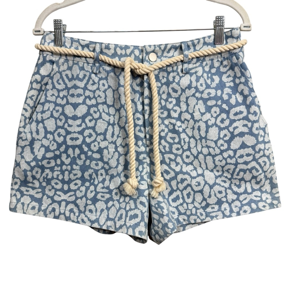 BiBi Blue Leopard Print High Rise Shorts Rope Belt Size M NWT